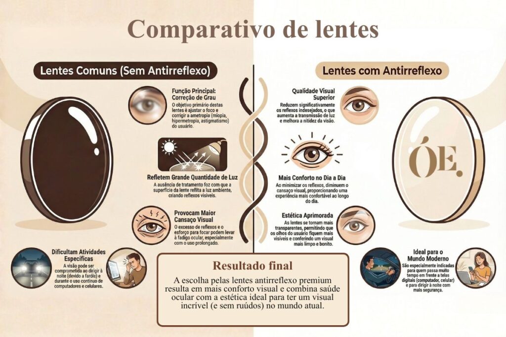 Comparativo de lentes antirreflexo premium com lentes comuns